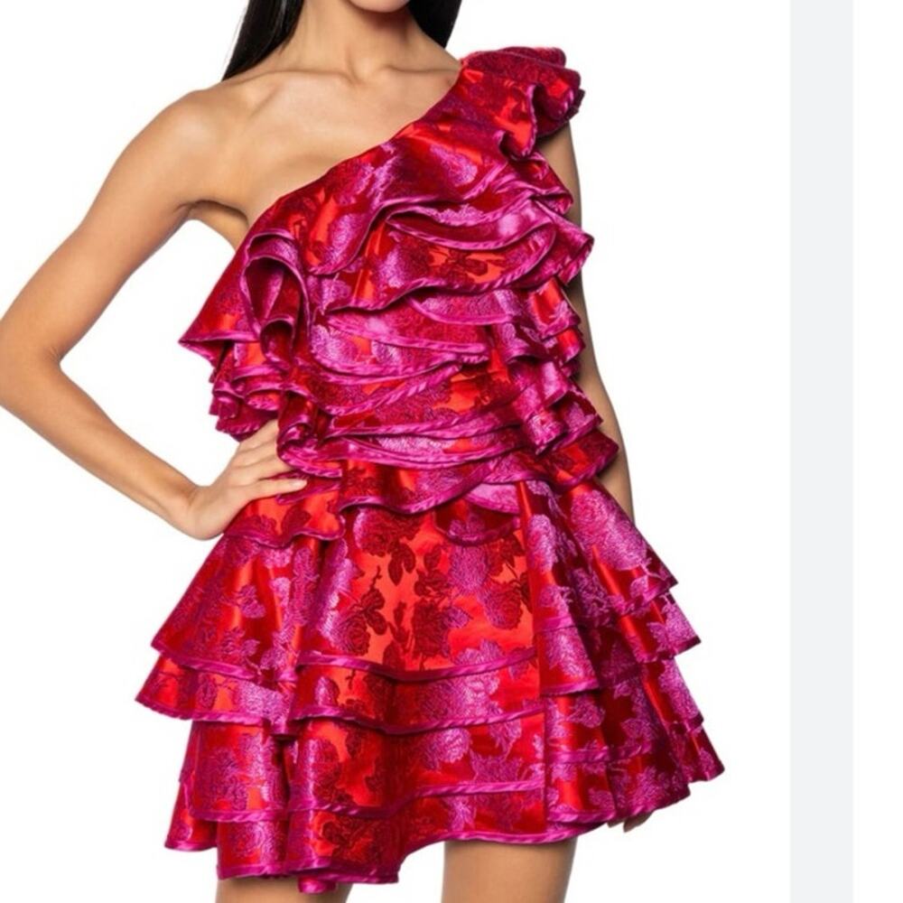 SHE IS BEAUTY BROCADE RUFFLE MINI DRESS out of stock item cocktail SzS NWT